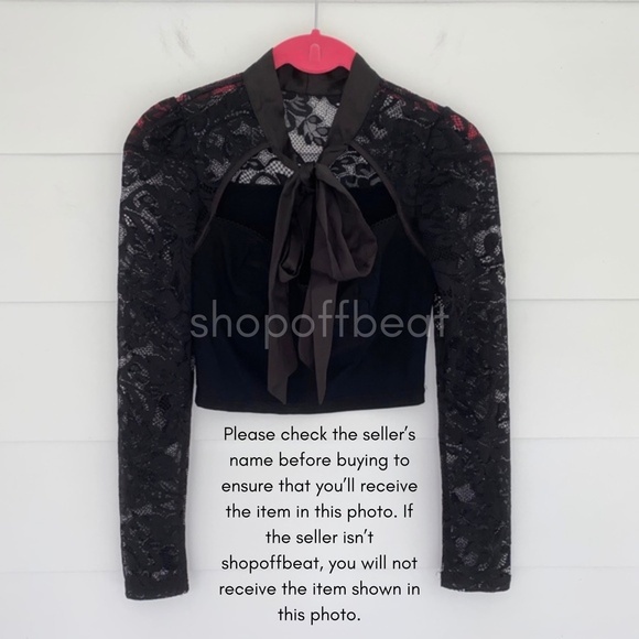Black Lace Long Sleeve Satin Bow Tie Neck Crop Top Small - Picture 6 of 12